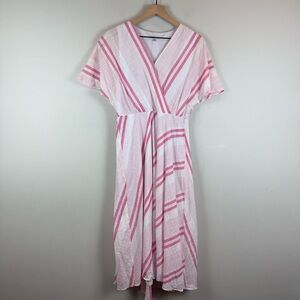 Sandra‎ Darren Midi Dress Womens 6 Pink White Striped V-Neck Cap Sleeve Summer
